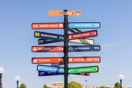 Champaign, IL, USA - September 18, 2024: Directions to NCAA college football stadiums outside of the Memorial Stadium at the University of Illinois.