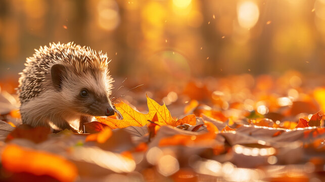 hedgehog in autumn leaves during golden hour. a small hedgehog moving through a bed of orange autumn leaves, illuminated by the golden light of sunset. ideal for nature, wildlife, and autumn-themed ph