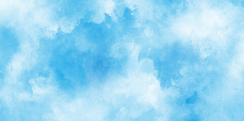 Sky clouds with brush painted blue watercolor texture, small and large clouds, Sky blue Aquarelle paint paper textured canvas element, soft and lovely sky blue watercolor background with clouds.