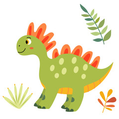 Charming illustration of a cute green baby dinosaur in a flat style. Friendly and playful design is ideal for children's books, t-shirt, nursery decor, greeting cards, party invitations