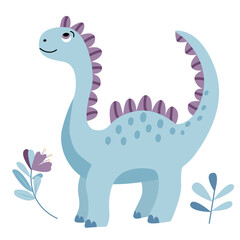 Beautiful vector illustration of a cute blue dinosaur in a flat style. Friendly and playful design is ideal for children's books, t-shirt, nursery decor, greeting cards, party invitations