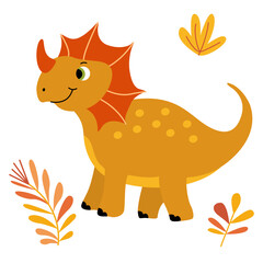 Vector illustration of a cute smiling little dinosaur in a flat vector style. Friendly and playful design is ideal for children's books, t-shirt, nursery decor, greeting cards, party invitations