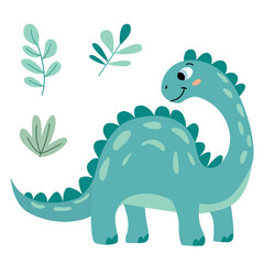 Vector illustration of a nice  smiling dinosaur in a flat vector style. Friendly design is ideal for children's books, t-shirt, nursery decor, greeting cards