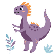 Charming illustration of a cute smiling violet dinosaur  in a flat vector style. Friendly and playful design is ideal for children's books, t-shirt, nursery decor, greeting cards, party invitations