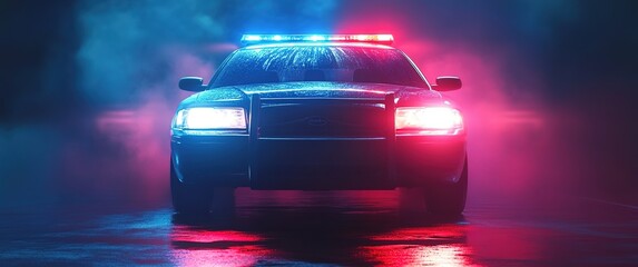 
A police car with flashing lights is seen in the background
