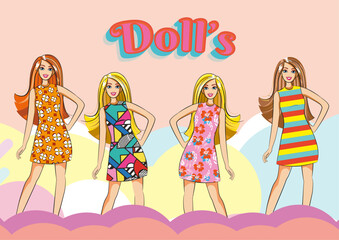 Fashion doll collection. Dolls with dresses, blond, dark, red, curly hair. Vector illustration.