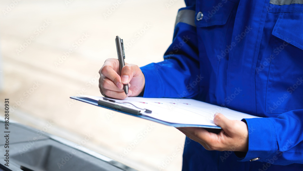 Wall mural close-up at a mechanic foreman's hand is checking on multi-point car service guideline checklist for