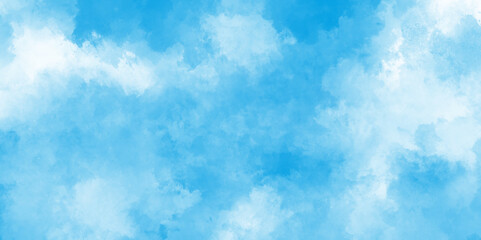 Sky clouds with brush painted blue watercolor texture, small and large clouds, Sky blue Aquarelle paint paper textured canvas element, soft and lovely sky blue watercolor background with clouds.