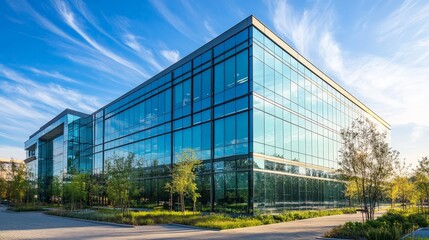 Obraz premium An ultra-modern corporate office building with reflective glass windows