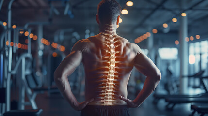 Spinal health of a man with back pain and glowing spine. The man is standing in a fitness gym.