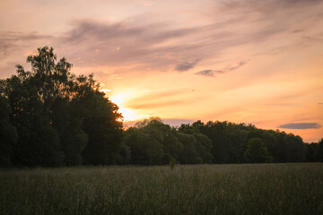 sunset over the field in summer with dramatic sky in Czech Republic, rural view