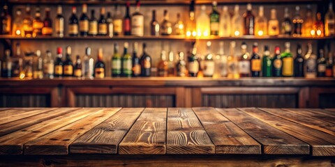 Wooden table with empty top surrounded by blurred counter bar and bottles in the background