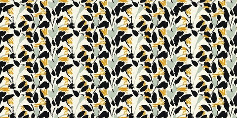 Modern printed fabric flower block print pattern with linen texture effect. Stylized boho dark floral for chic fashion background motif border design.