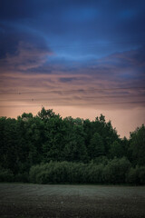 sunset over the field in summer with dramatic sky in Czech Republic, rural view