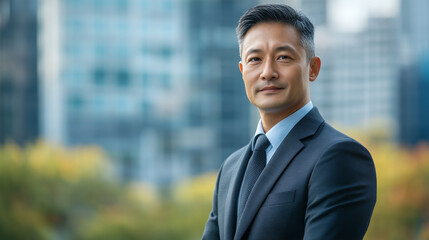 A man wearing a suit and tie is standing in front of a building