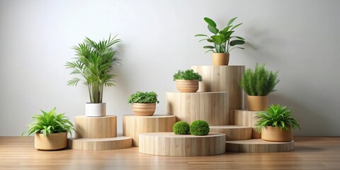 Wooden tiered podiums with green plants on dark background creating a modern and natural aesthetic