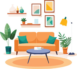 Modern Interior Design with Sofa Set Flat Vector Isolated