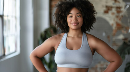 Fototapeta premium Confident Woman in Fitness Attire Indoors. A confident woman standing in a well-lit indoor space wearing fitness attire, representing health, empowerment, and self-confidence.