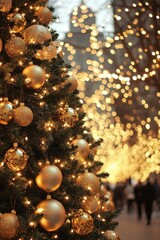 Fototapeta premium Snow-covered Christmas tree adorned with glowing lights on a festive street during a snowy winter evening.