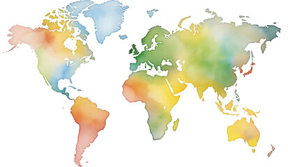 Colorful watercolor world map on transparent background.