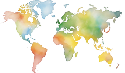 Colorful watercolor world map on transparent background.
