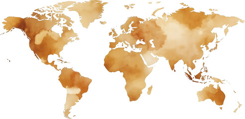 Colorful coffee stain paint world map on transparent background.