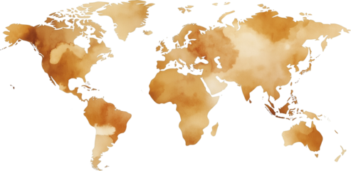 Colorful coffee stain paint world map on transparent background.