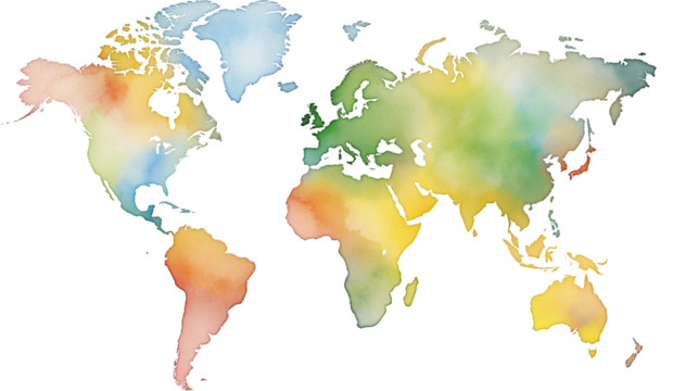 Colorful watercolor world map on transparent background.