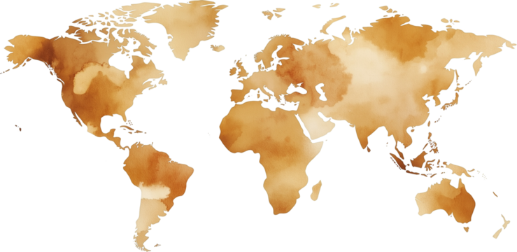 Colorful coffee stain paint world map on transparent background.