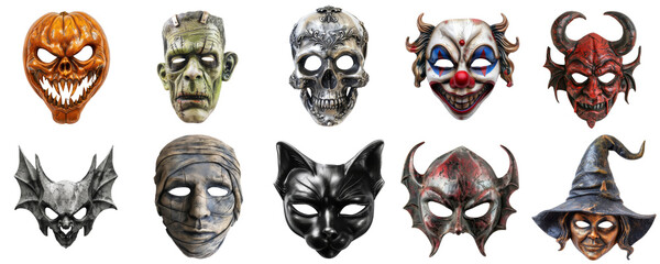 Collection of Halloween masks featuring pumpkin, skull, clown, bat, mummy, cat, devil, and witch on transparent background, perfect for Halloween and horror design projects.