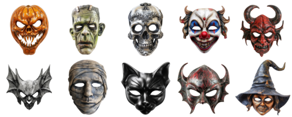 Collection of Halloween masks featuring pumpkin, skull, clown, bat, mummy, cat, devil, and witch on transparent background, perfect for Halloween and horror design projects.