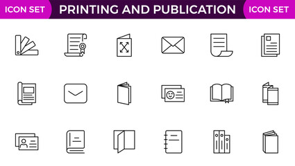 Printing and Publication icon set. Flyer Brochure line icon set. letterhead, booklet, leaflet, corporate catalog, and envelope icon set. Outline iconcollection.