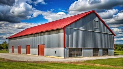 Large barn with gray walls and red roof made from corrugated sheet metal