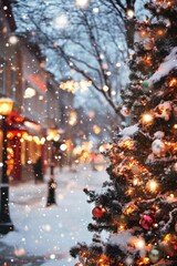 Snow-covered Christmas tree adorned with glowing lights on a festive street during a snowy winter evening.