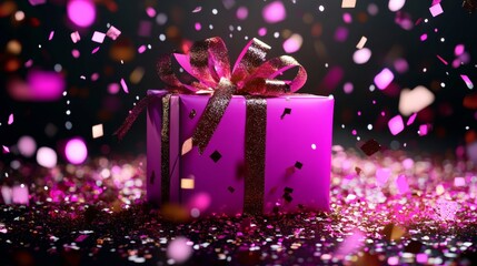 A vibrant pink gift box with a glittery black ribbon surrounded by falling pink confetti against a dark background with glowing bokeh.