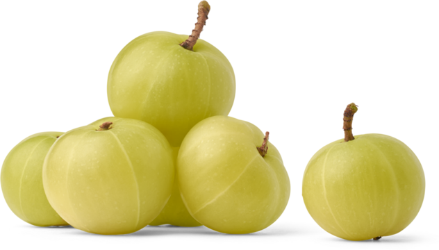 fresh amla or indian gooseberry isolated white background, small greenish yellow fruit with high vitamin c and health benefits in traditional ayurveda medicine