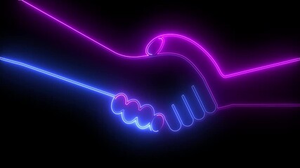  glowing neon Handshake icon animation with black background.  business handshake animation. 4k video