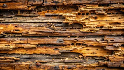 Decaying wood texture with termite damage on a dark grunge background