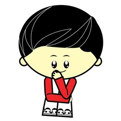 Vector illustration of a cute smiling boy, predominantly in red attire isolated against a white background, showcasing a joyful and smug expression and modest fashion