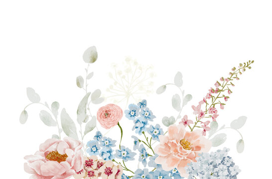 Watercolor Wildflowers border - illustration with delicate flowers, for wedding stationary, greetings, wallpapers, fashion, backgrounds, textures, DIY, wrappers, cards.
