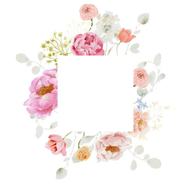 Watercolor floral frame bright summer spring png clipart pink peony colorful florals