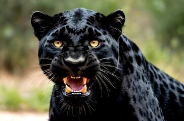 View of the face of a black leopard who is very angry