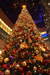 Snow-covered Christmas tree adorned with glowing lights on a festive street during a snowy winter evening.