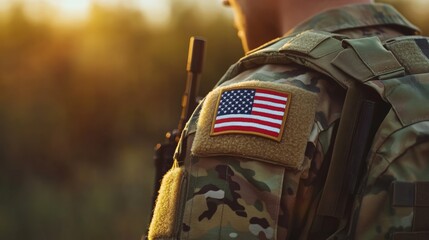 Soldier with American flag over shoulder at sunset, embodying hope and pride. Honoring Veterans Day.
