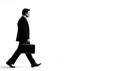 A businessman in a suit walks confidently with a briefcase, embodying professionalism and determination against a minimalist background.