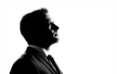 A profile silhouette of a man in formal attire, looking upward against a stark white background, conveying themes of contemplation and aspiration.