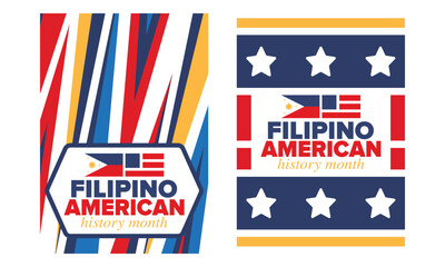 Filipino American History Month. Happy holiday celebrate annual in October. Filipinos and United States flag. Culture month. Patriotic design. Poster, card, banner, template. Vector illustration