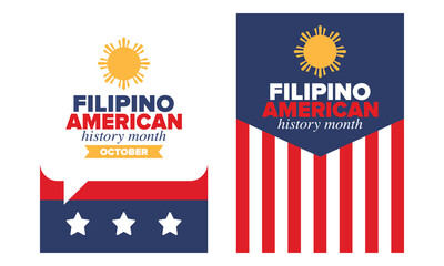Filipino American History Month. Happy holiday celebrate annual in October. Filipinos and United States flag. Culture month. Patriotic design. Poster, card, banner, template. Vector illustration