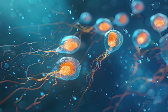 Biological process of spermatogenesis, sperm formation in male reproductive system -