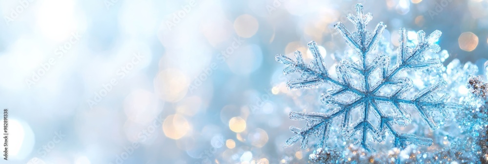 Poster Close-up of a delicate snowflake with a sparkling bokeh background. Ideal for Merry Christmas and winter holiday themes.